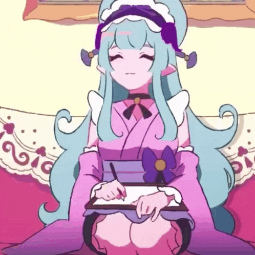 a girl with long blue hair is sitting on a bed with a tablet in her lap