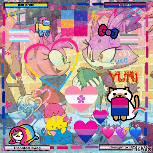 a collage of sonic the hedgehog and blaze the cat with hearts and flags