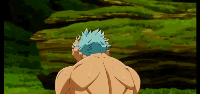 a naked man with blue hair is standing in a field of grass .