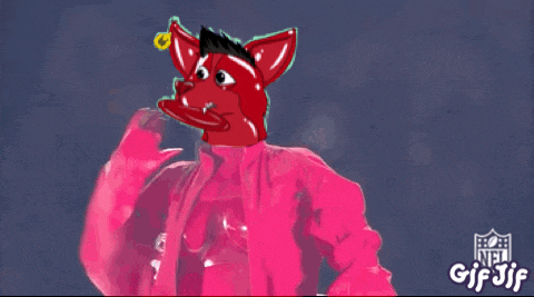 a cartoon of a red fox in a pink jacket with the nfl logo in the corner