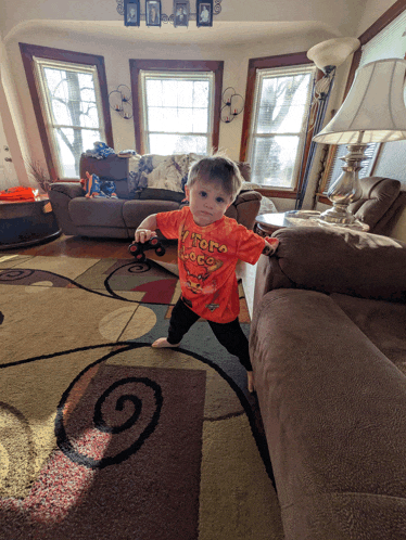 a little boy wearing a reese 's peanut butter shirt is standing on a rug in a living room