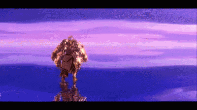 a purple and blue background with a statue of a lion