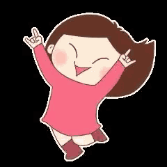a cartoon girl in a pink sweater is jumping in the air with her hands in the air .