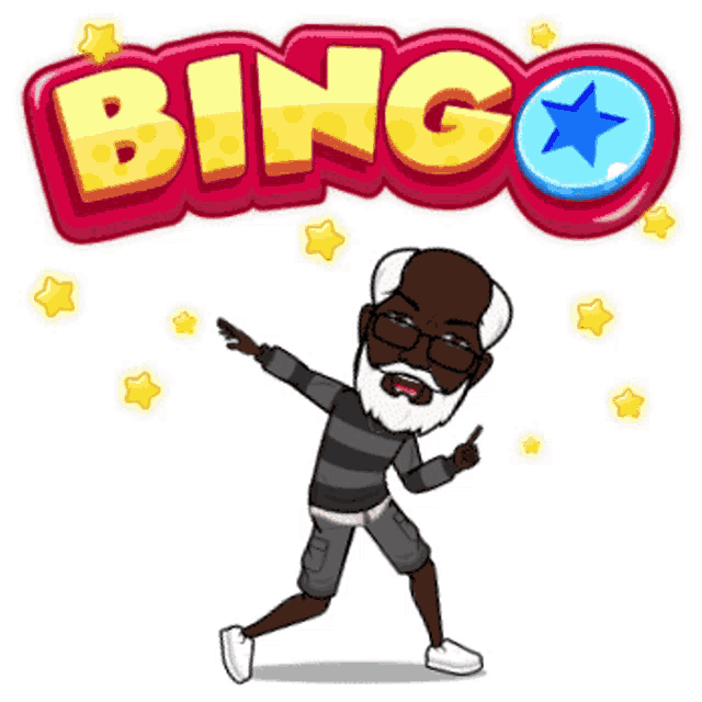 a man with a beard and glasses is dancing in front of a bingo sign