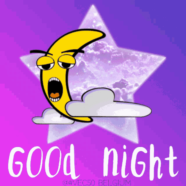 a cartoon illustration of a sleeping crescent moon with the words good night written below it