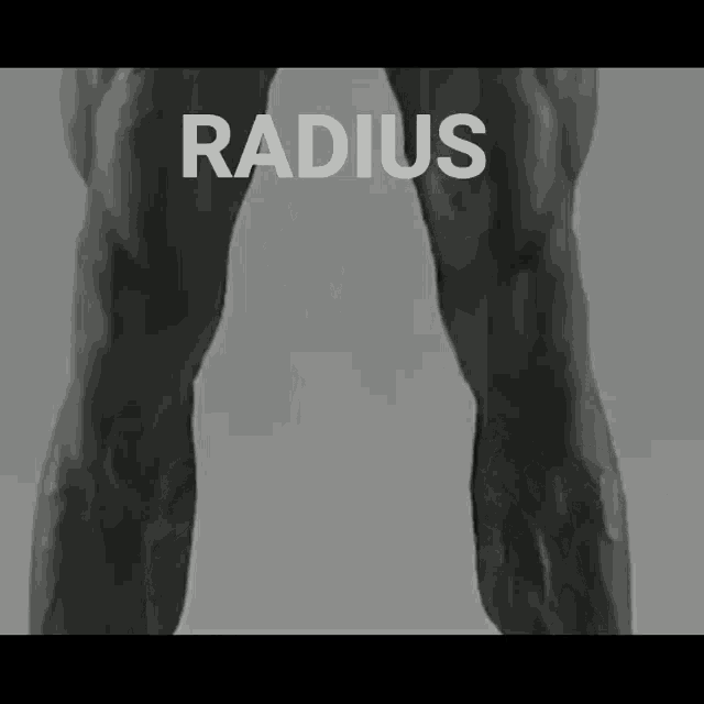a black and white photo of a man 's legs with the word radius written in white