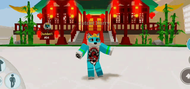 a person in a blue furry outfit is standing in front of a chinese building