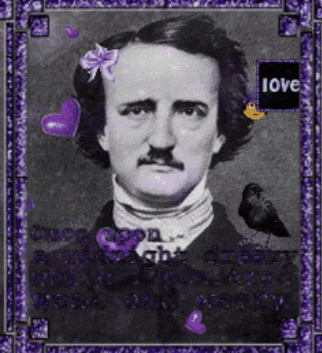 a black and white photo of edgar allan poe with purple hearts and a purple frame