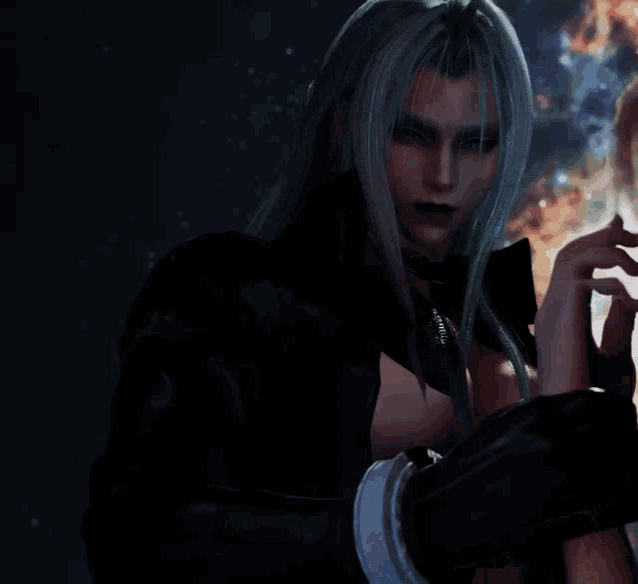 a woman with long white hair is wearing a black jacket and black gloves