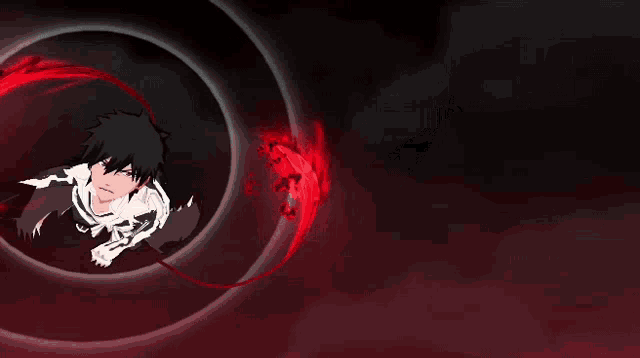 a black and white anime character with red eyes is holding a sword