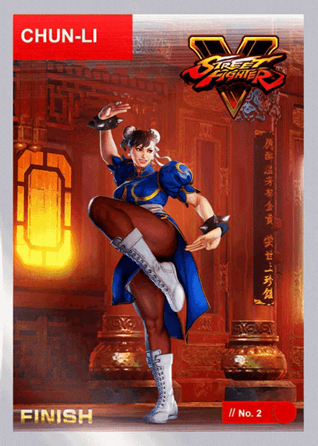 chun-li from street fighter v is shown on a card