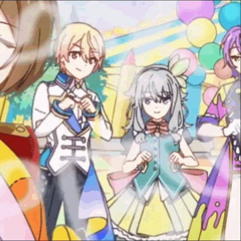 a group of anime characters are standing next to each other in front of balloons and a castle .