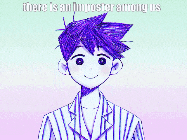 a drawing of a girl with purple hair and the words " there is an imposter among us " below it