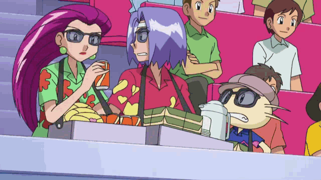 a group of cartoon characters sitting in a stadium