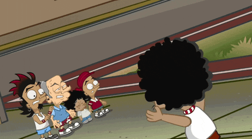 a group of cartoon characters are standing on a track and one has a black afro