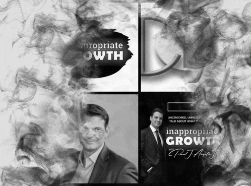 a black and white photo of two men with the words inappropriate growth
