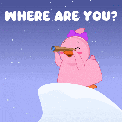 a cartoon of a pink duck looking through a telescope with the words " where are you " above it