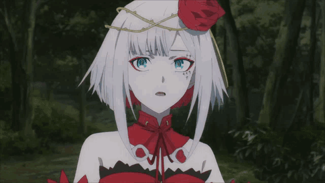 a white haired anime character with a red rose on her head