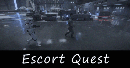 a storm trooper in a video game with escort quest written on the bottom right