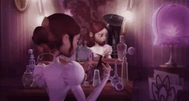 a woman is applying makeup in front of a mirror in a purple room .