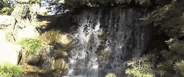 a waterfall is surrounded by trees and rocks in the woods