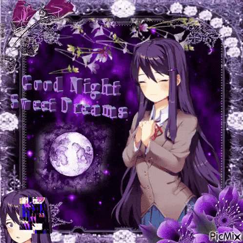 a picture of a girl with purple hair and the words good night sweet dreams written on it