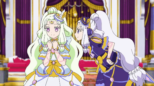 two anime characters are standing next to each other in a room