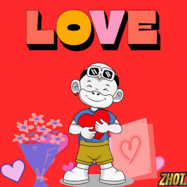 a cartoon of a boy holding a heart with the word love above him