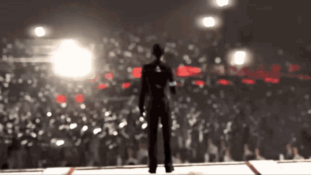 a blurry picture of a man standing on a stage in front of a crowd