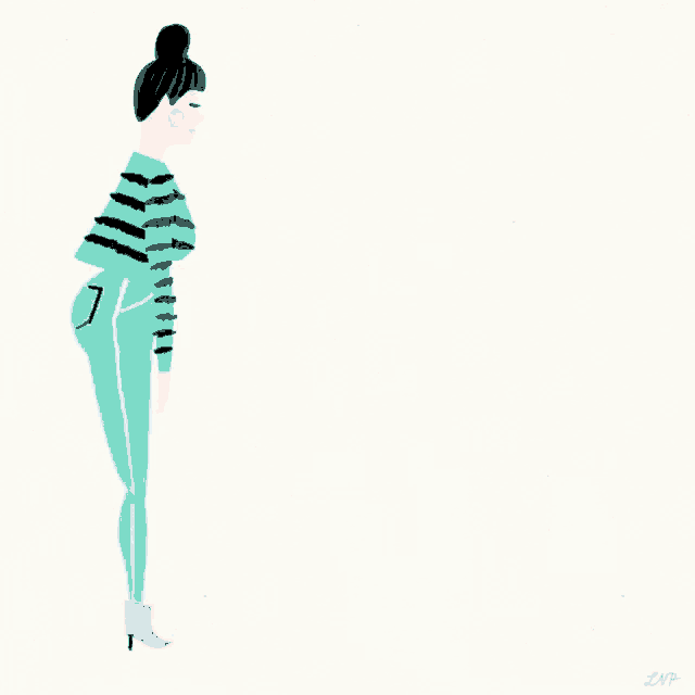 a drawing of a woman in a striped sweater with the letter j in her butt