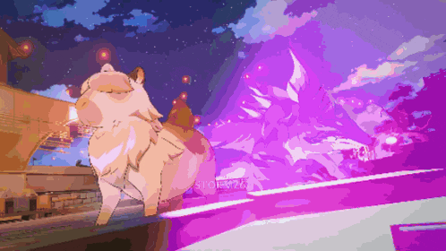 a pixel art of a dog with a purple background that says stormy