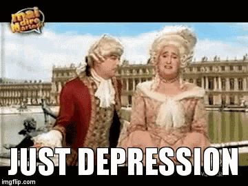 a man and a woman are standing next to each other with the words just depression behind them