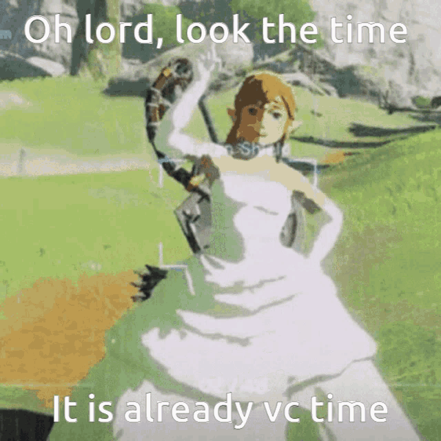 a cartoon of a woman in a white dress with the words oh lord look the time it is already vc time