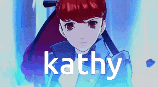 a girl with red hair and the name kathy in white letters