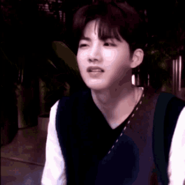 a young man wearing a vest and a white shirt is sitting down and looking at the camera .