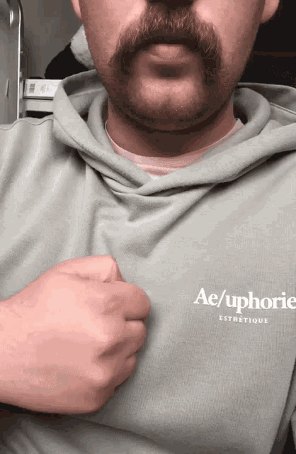 a man with a mustache is wearing a grey hoodie that says ae/upphorie