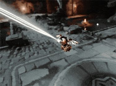 a video game character is flying through the air with a beam of light