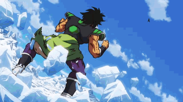 a cartoon character with a green shirt and purple pants is running on ice