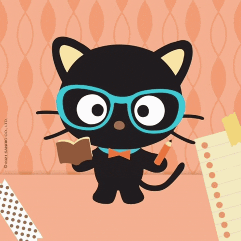 a black cat wearing glasses and a bow tie holds a book and a pencil