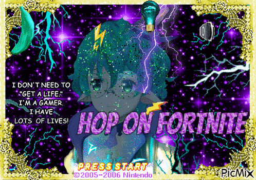 a picture of a girl with the words hop on fortnite