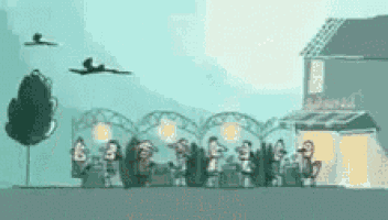a cartoon of a group of people sitting outside a building