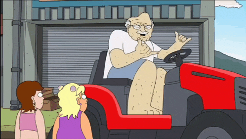 a cartoon of a man in a lawn mower talking to two women