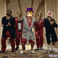 a group of men are dancing in a hallway with a man wearing a purple top hat on his head