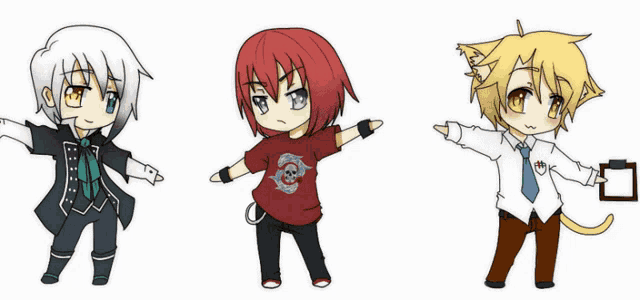 three anime characters are standing next to each other and one of them is wearing a cat shirt