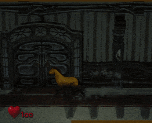 a video game scene with a horse and a heart that says 100 on it