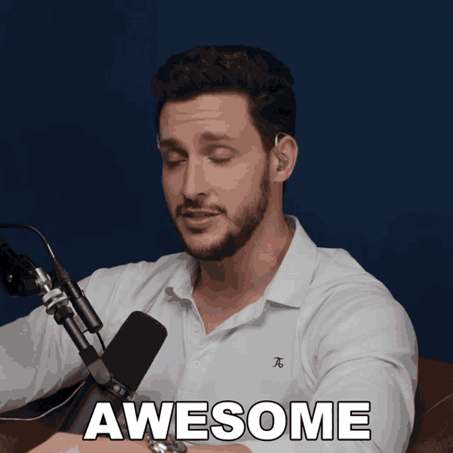 a man singing into a microphone with the word awesome written on the bottom