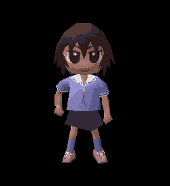 a pixel art of a girl in a purple shirt and blue skirt giving the middle finger