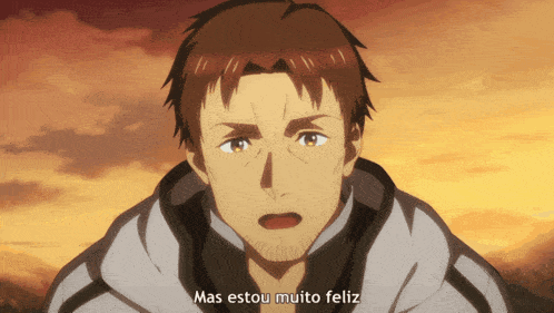 a man says mas estou muito feliz in an anime scene