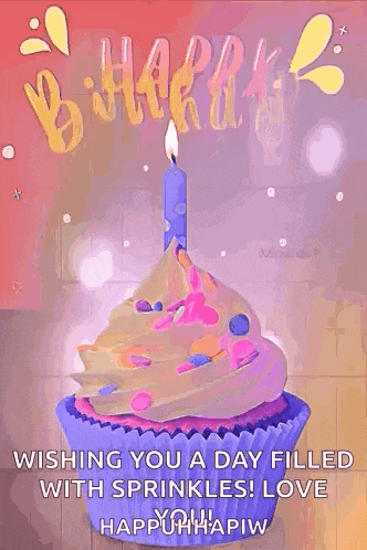 it is a birthday card with a cupcake and a candle on it .