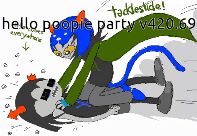 a drawing of a cat with the words hello poopie party v420.6 written on it